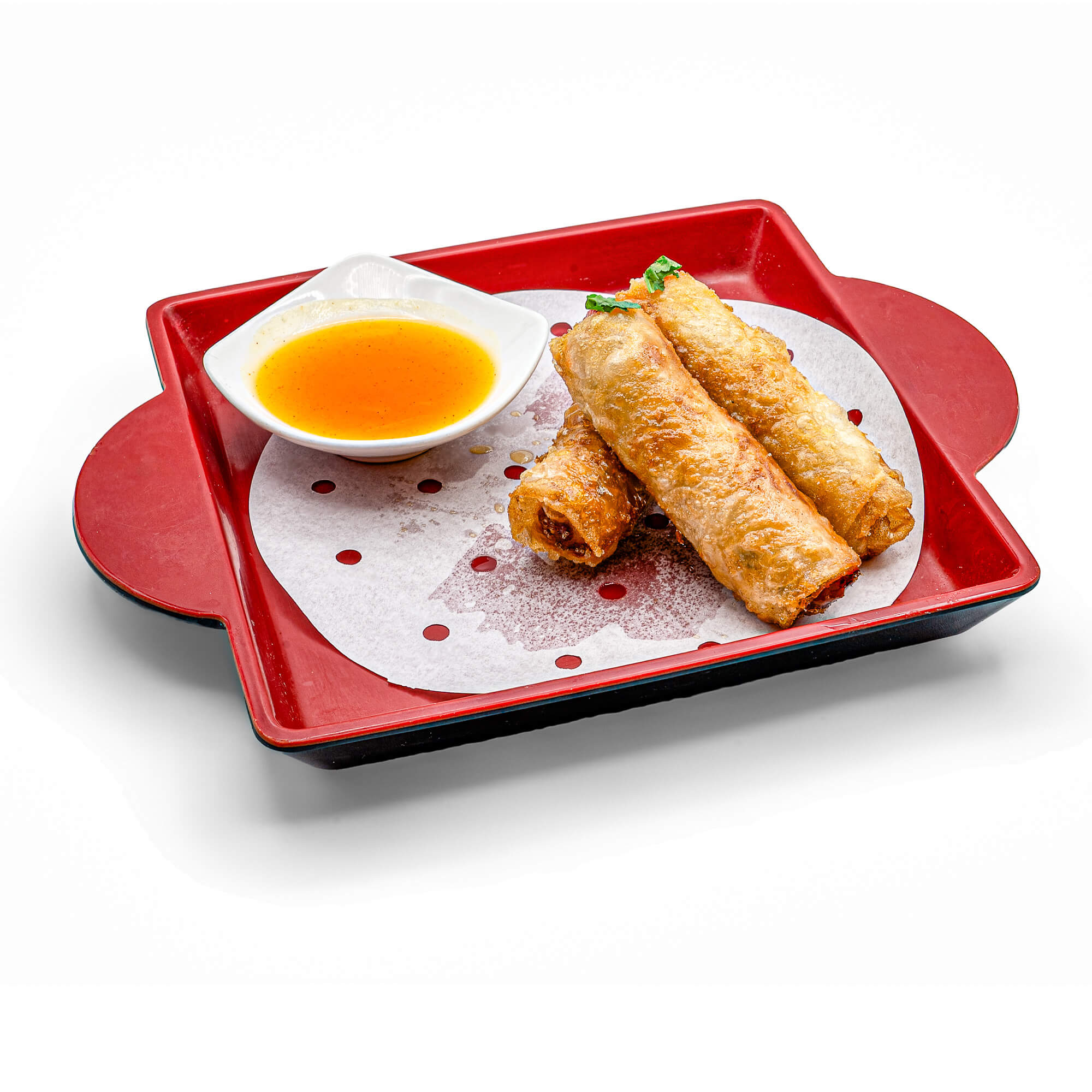 Pato asado con rollito de primavera, arroz blanco